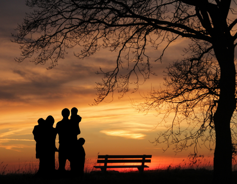 Family silhouette at sunset symbolizing estate planning, inheritance decisions, and protecting family relationships for future generations.