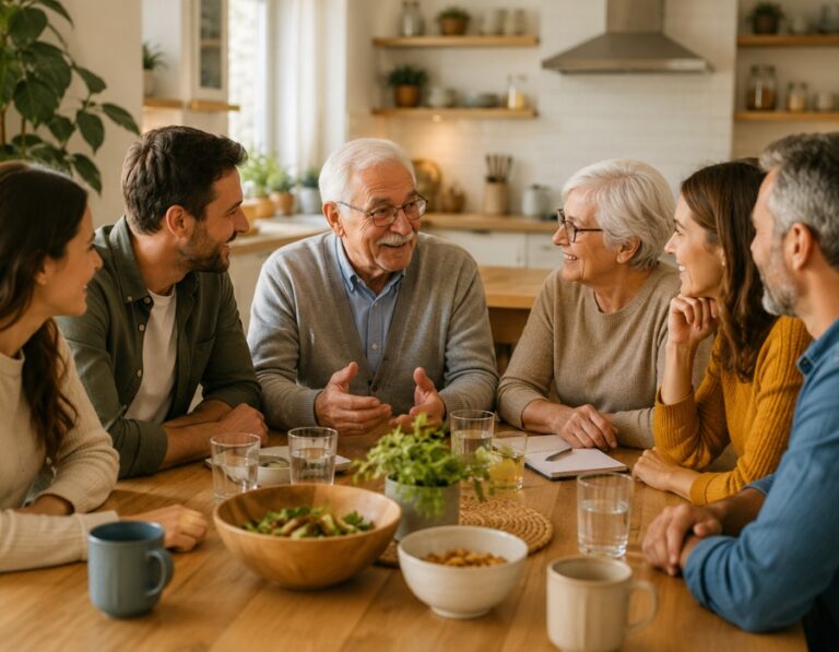 Family gathered around a table discussing important future planning and trustee decisions.